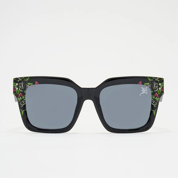 NEW 💀 Ed Hardy ❤️ Large Black Sunglasses Black Rose Floral - Picture 8 of 9
